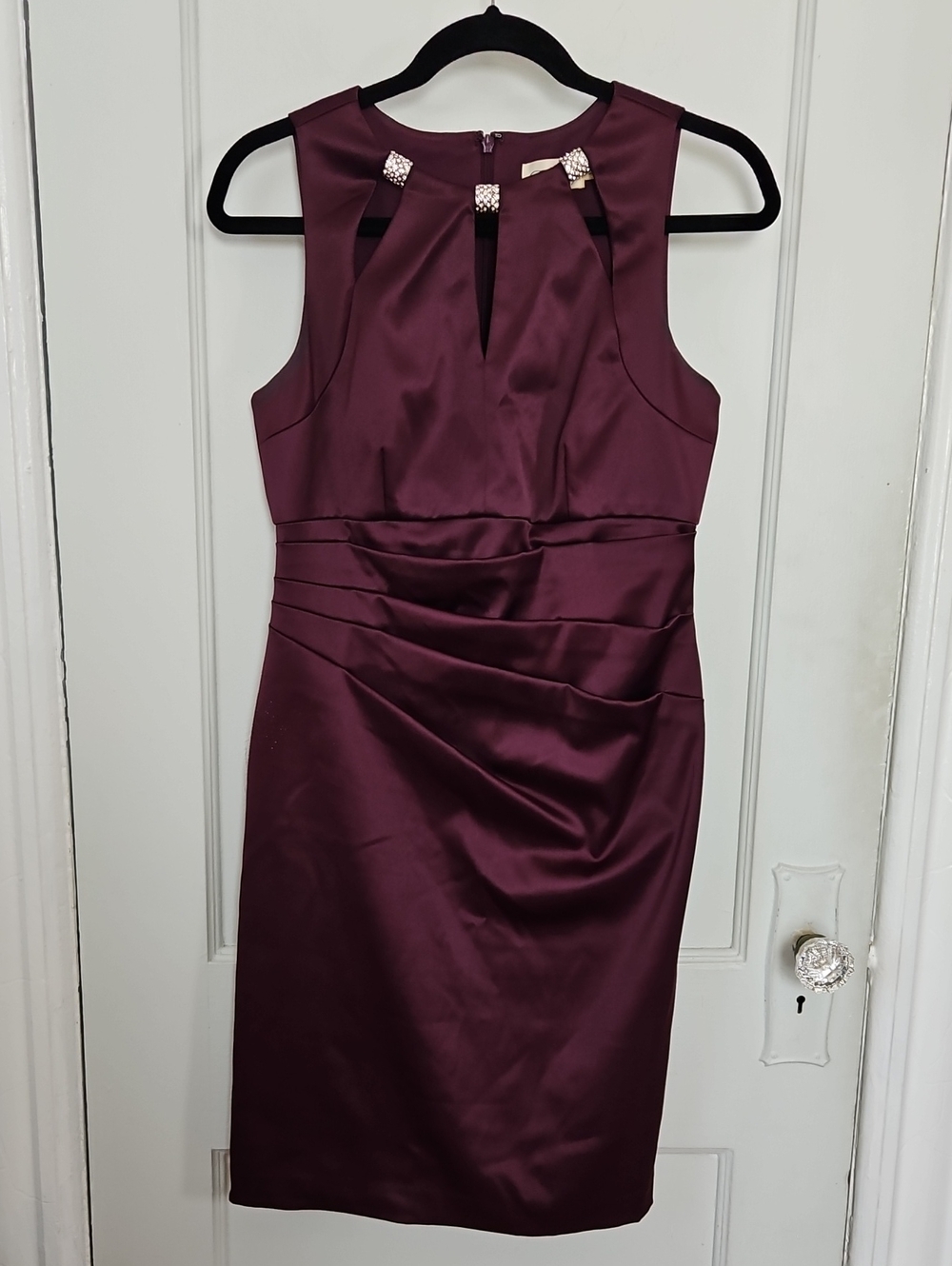 Eliza J Satin Burgundy Midi Cocktail Dress with Embellished Neckline- 4